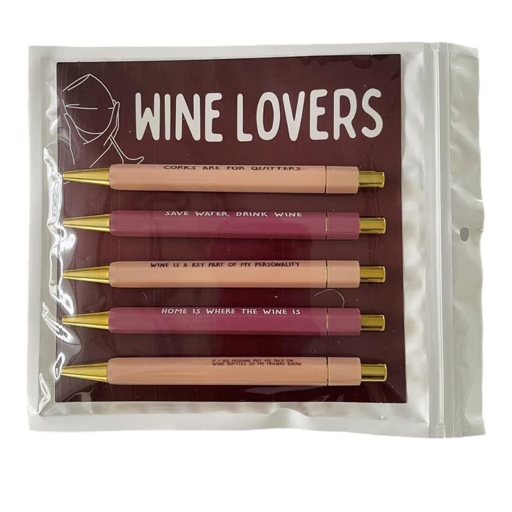 Wine Lovers Gunny Quote Retractable Ballpoint Pen Set - Burgundy and Rosé colors